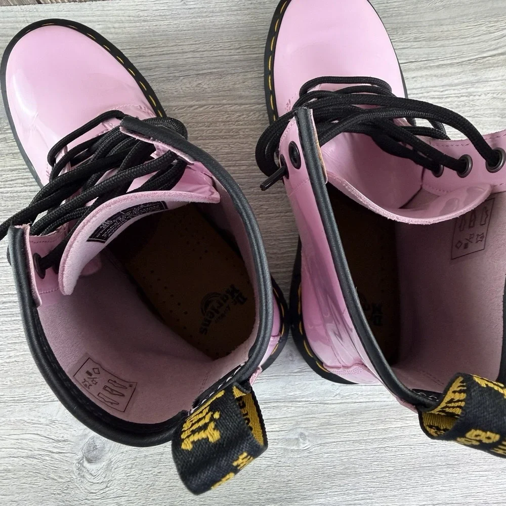 Dr Doc Martens Pink Black Combat Boots Barbie Patent Leather Women Size 7